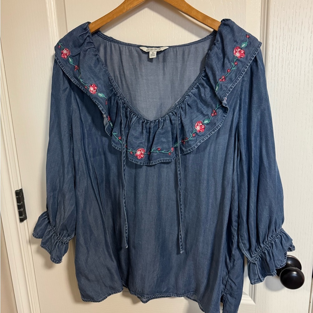 The Pioneer Woman Embroidered Chambray Ruffle Blouse
